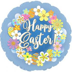 17 inch CTI Happy Easter Blue Wreath Foil Balloon - flat