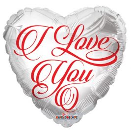 18 inch Kaleidoscope I Love You Red Script White Foil Heart Balloon - flat