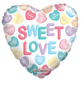 18 inch Kaleidoscope Sweet Love Conversation Hearts Gellibean Heart Balloon - flat