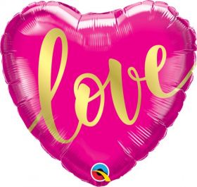 18 inch Qualatex Love Gold Script Heart Foil Balloon - flat