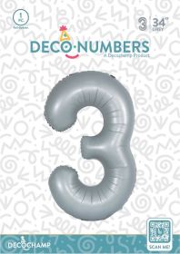 34 inch Decochamp Grey Number 3 Foil Balloon