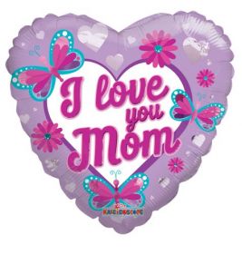 18 inch Kaleidoscope I Love You Mom Butterflies & Flowers Foil Heart Balloon - flat